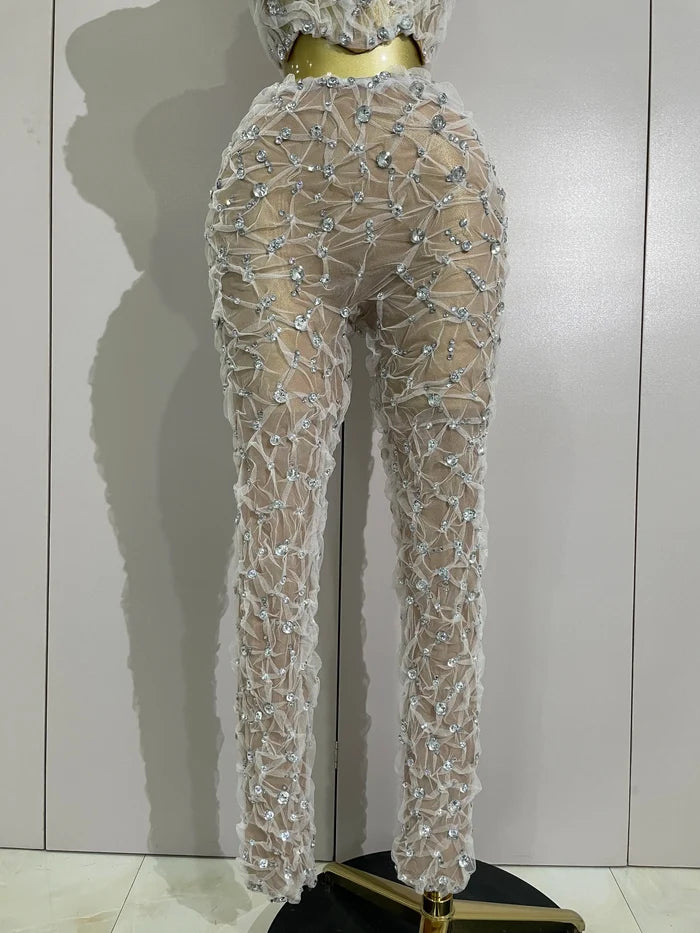 Shine in the Diane rhinestone lace halter top and wide-leg pants set. Elegant two-piece outfit for parties, birthdays, and special occasions.
