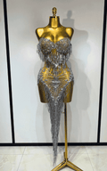 Dina diamond tassel strapless mesh see through mini dress for women. Sexy party outfit for birthdays, nightclub, and stage wear.