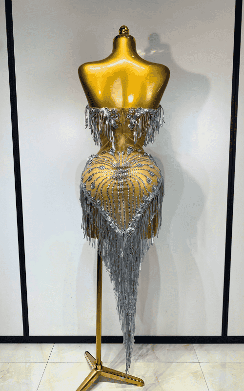 Dina diamond tassel strapless mesh see through mini dress for women. Sexy party outfit for birthdays, nightclub, and stage wear.