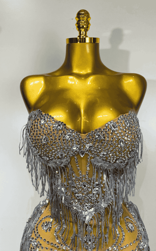Dina diamond tassel strapless mesh see through mini dress for women. Sexy party outfit for birthdays, nightclub, and stage wear.