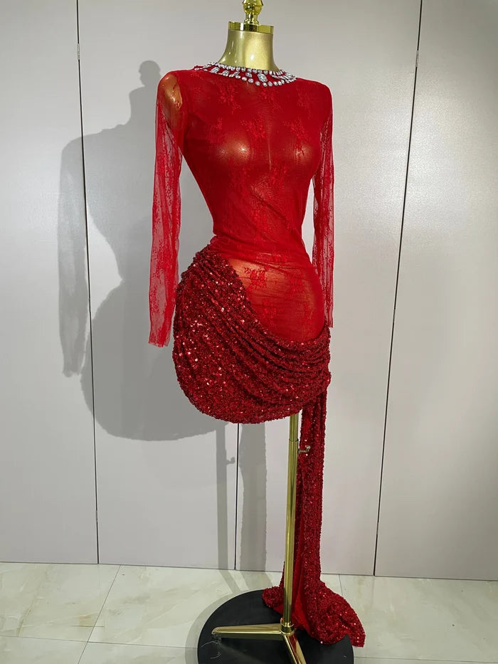 Donna sparkly rhinestone red sequin lace mesh see-through mini dress for women.