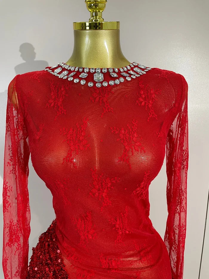 Donna sparkly rhinestone red sequin lace mesh see-through mini dress for women.