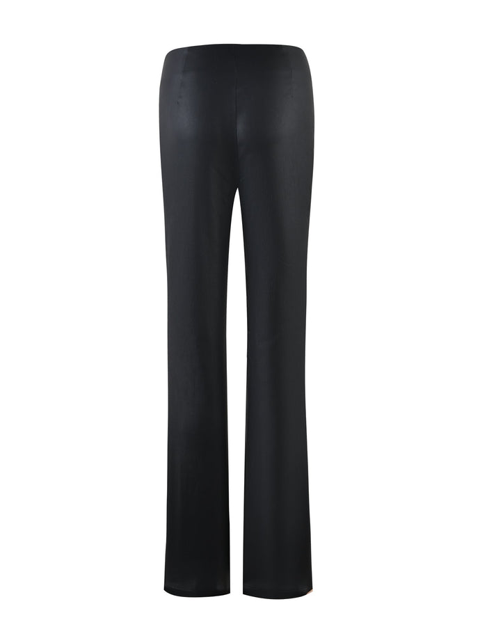 Rear view of the DOPHA PANT - BLACK from TIGERMIST, showcasing a pair of black, straight-leg pants against a white backdrop. The pants feature a smooth, sleek finish with a slight sheen, giving them an elongated and fitted appearance. The obscured waistband hints at a high-rise design.