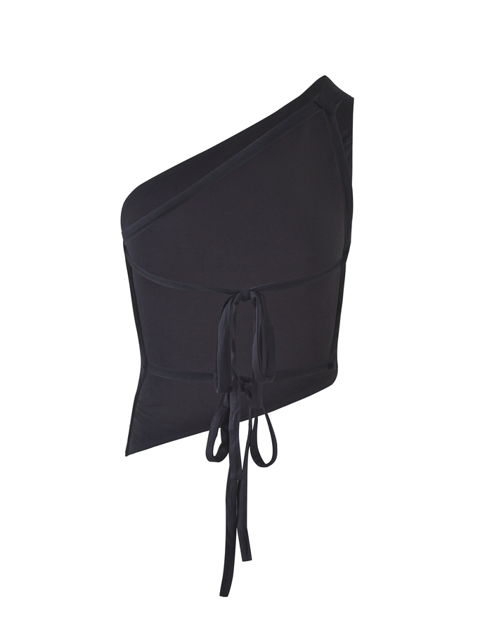 The TIGERMIST DREW TOP - BLACK is a one-shoulder crop top with an adjustable front tie and open back, displayed against a plain white background.