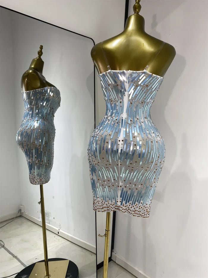 Eisa sequin rhinestone mesh bodycon mini dress for women. Sexy sparkly outfit for birthdays, nightlife, and photoshoots.