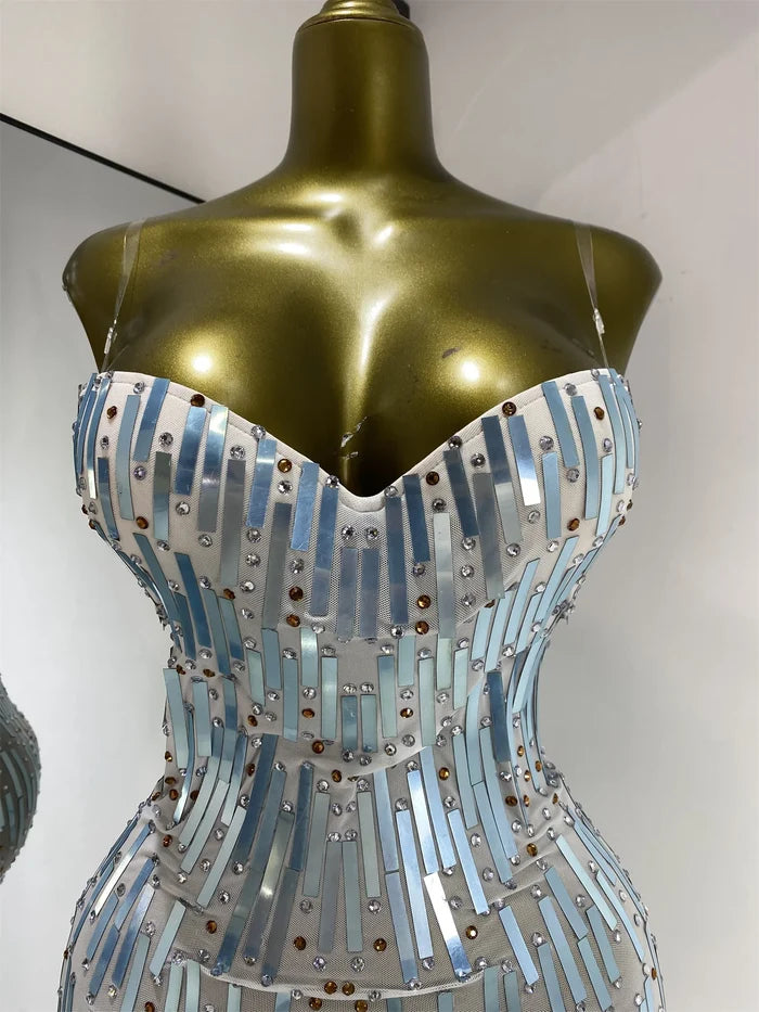 Eisa sequin rhinestone mesh bodycon mini dress for women. Sexy sparkly outfit for birthdays, nightlife, and photoshoots.