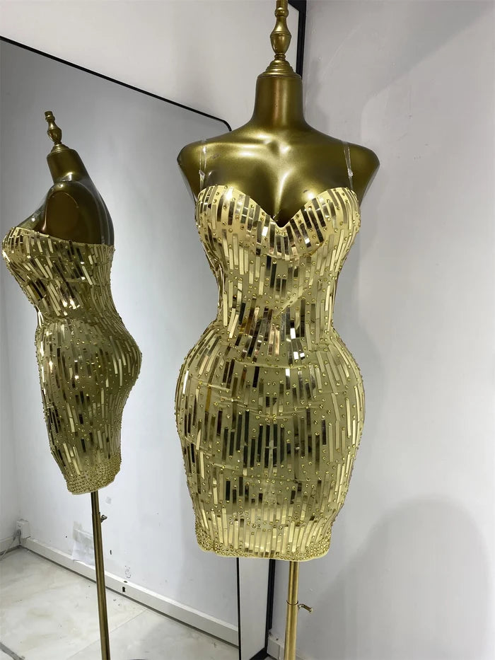 Eisa sequin rhinestone mesh bodycon mini dress for women. Sexy sparkly outfit for birthdays, nightlife, and photoshoots.