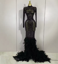 Elaine long sleeve sheer black maxi dress with sparkling crystals and luxury feather trim on the sleeves and hem.