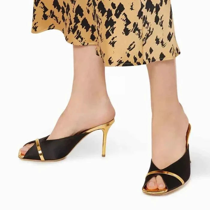 Elegant Two-Tone Satin Stiletto Mules Open Peep Toe Contrast Metallic Trim Slip-On Slide High Heels