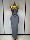 Strapless beaded bandage dress with necklace accent in ankle-length slim silhouette – Elena style.