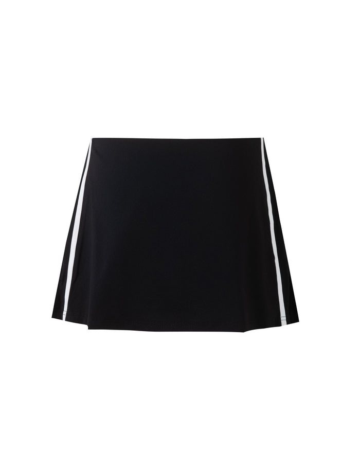 The ELESSAR SKORT - BLACK by TIGERMIST features white vertical stripes along the sides. With a minimalist and simple design, this athletic skirt is perfect for sports or casual wear. It has a slight flare towards the bottom and is set against a plain white background.