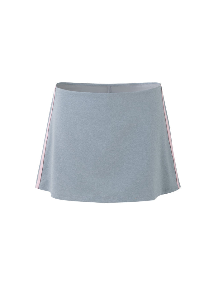 A light gray, A-line mini skort called "Elessar Skort - Grey" from TIGERMIST features pink stripe accents on the sides. The skort appears simple and casual, perfect for everyday wear.