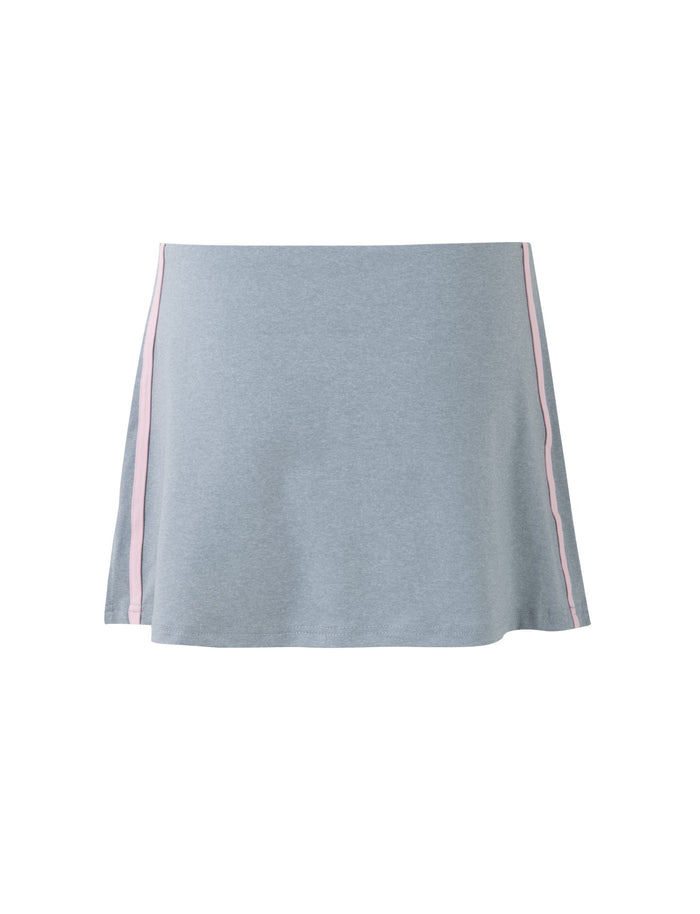 The ELESSAR SKORT in Grey Marle from TIGERMIST is a light grey, A-line skort with a simple design and vertical light pink stripes running down both sides. It is displayed on a plain white background.