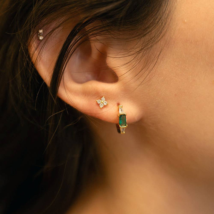 Emerald Green + Crystal Baguette Huggie Hoop Earrings