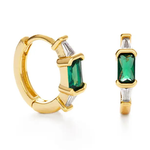Emerald Green + Crystal Baguette Huggie Hoop Earrings