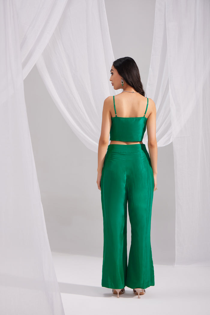 Emerald Green Embroidered Silk Bustier & Flared Silk Pant Set