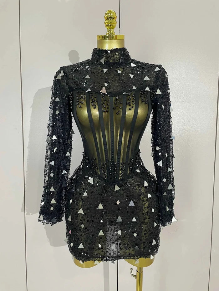 Shiny Sequin Pearl Sexy Black Mesh Long Sleeve Bodycon Mini Dress Women Celebrate Evening Birthday Party Nightclub Stage Costume