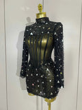 Shiny Sequin Pearl Sexy Black Mesh Long Sleeve Bodycon Mini Dress Women Celebrate Evening Birthday Party Nightclub Stage Costume