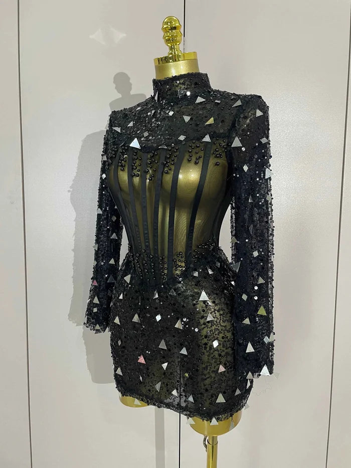 Shiny Sequin Pearl Sexy Black Mesh Long Sleeve Bodycon Mini Dress Women Celebrate Evening Birthday Party Nightclub Stage Costume