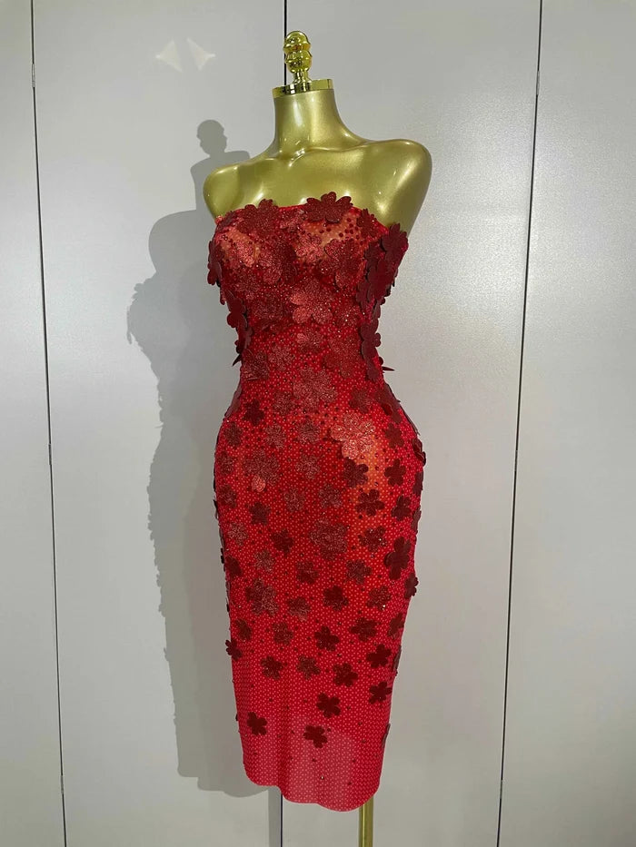 Emme Sequin Flower Diamond Strapless Mesh Dress