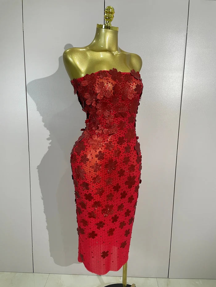 Emme sequin flower diamond strapless mesh dress for women. Sexy luxury party outfit for birthdays, nightlife, and evening events.