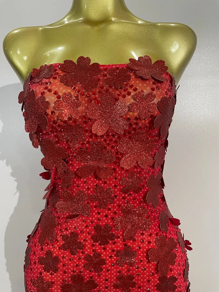 Emme sequin flower diamond strapless mesh dress for women. Sexy luxury party outfit for birthdays, nightlife, and evening events.
