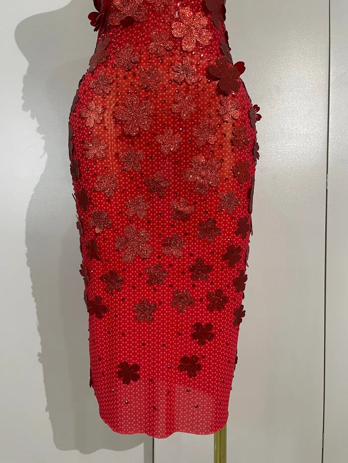 Emme sequin flower diamond strapless mesh dress for women. Sexy luxury party outfit for birthdays, nightlife, and evening events.