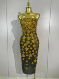 Emme sequin flower diamond strapless mesh dress for women. Sexy luxury party outfit for birthdays, nightlife, and evening events.