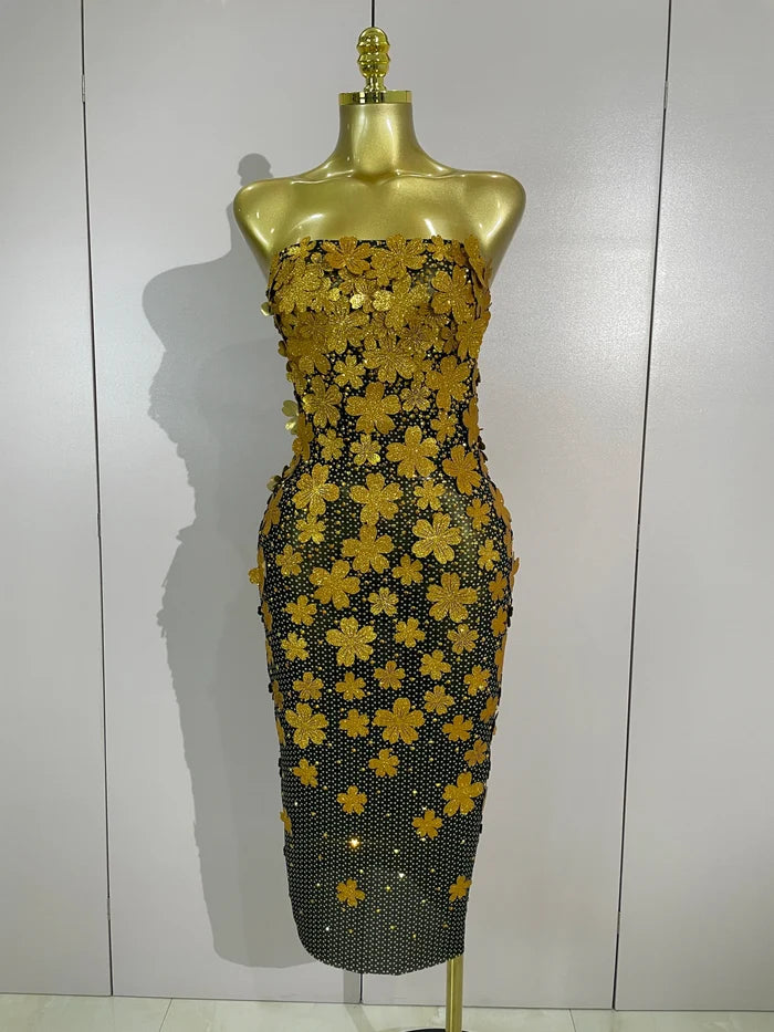 Emme sequin flower diamond strapless mesh dress for women. Sexy luxury party outfit for birthdays, nightlife, and evening events.