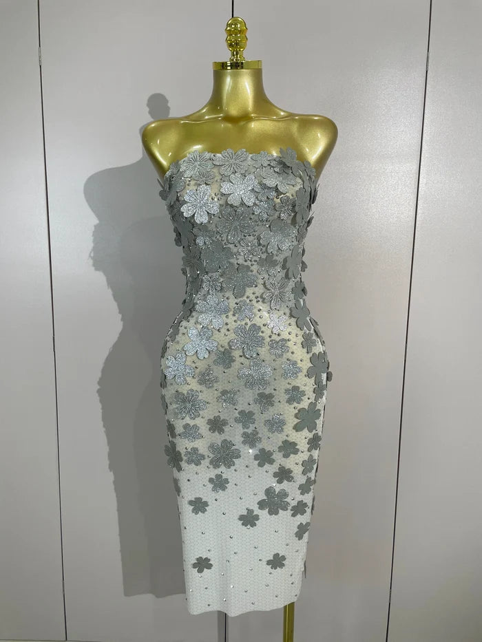Emme sequin flower diamond strapless mesh dress for women. Sexy luxury party outfit for birthdays, nightlife, and evening events.