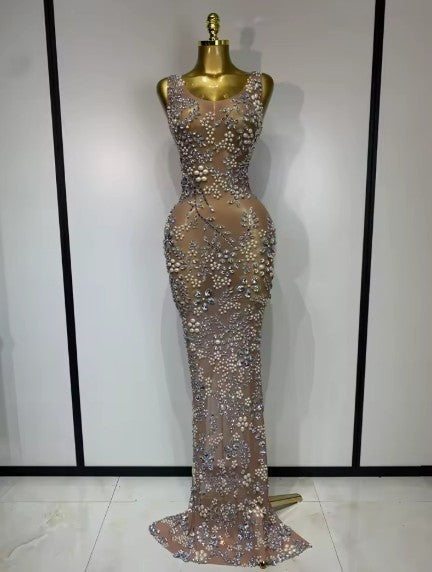 Eniola sheer mesh long dress encrusted with luxury diamonds for a high-fashion, see-through evening look.