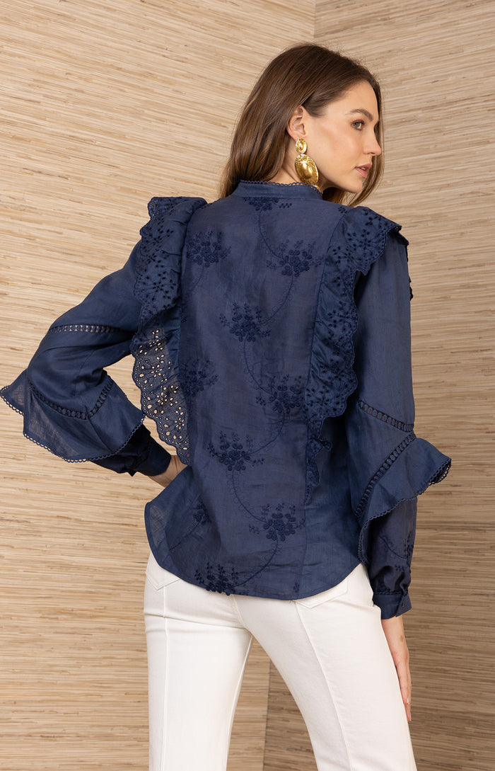 Eulalia Linen Top, color-Navy