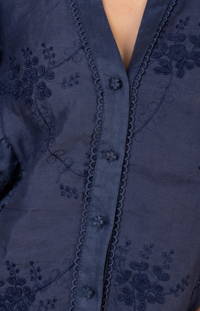 Eulalia Linen Top, color-Navy