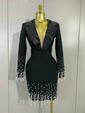 Eva Black V-Neck Pearl Beaded Long Sleeve Bodycon Bandage Dress