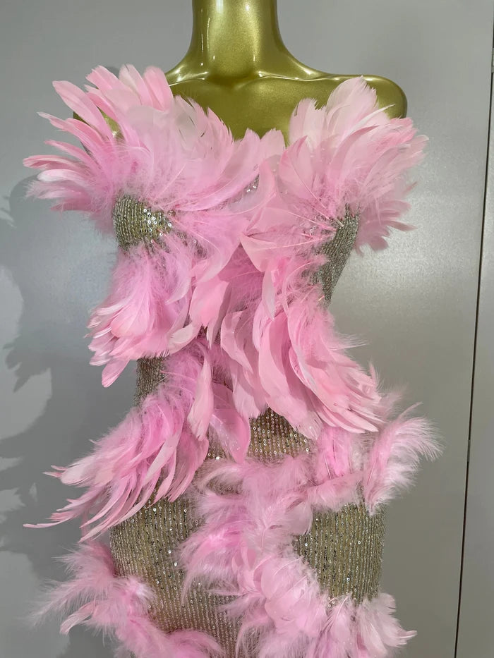 Faye pink sequin feather mesh mermaid gown for women. Glamorous dress for birthdays, prom, nightclub, and evening events.