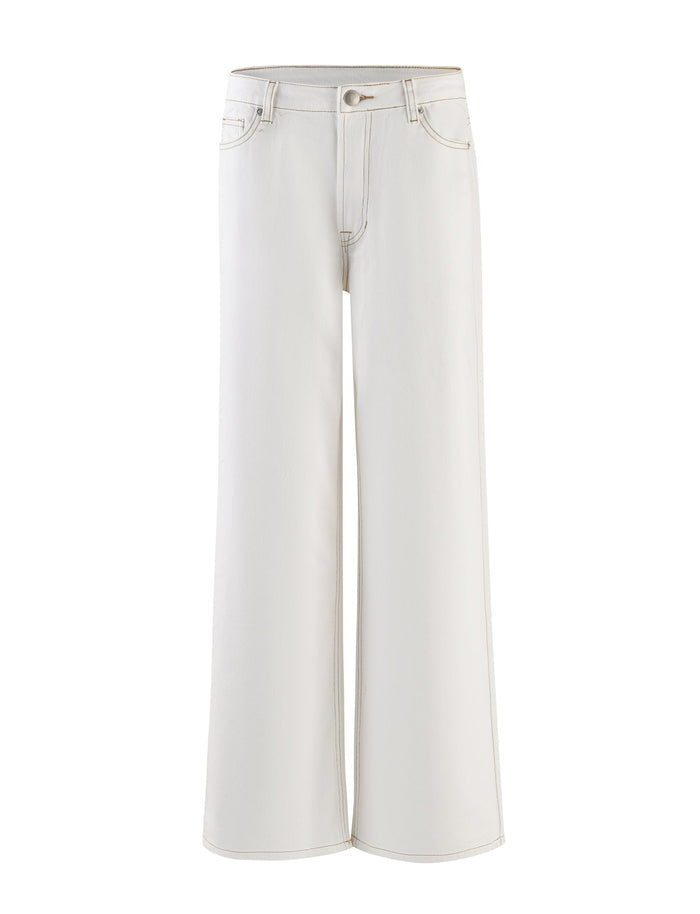 The FELIX JEAN - WHITE from TIGERMIST is a pair of wide-leg, high-waisted jeans featuring a single button and zip closure at the waist. They come with front and back pockets and subtle stitching details, offering a clean, minimalist look.