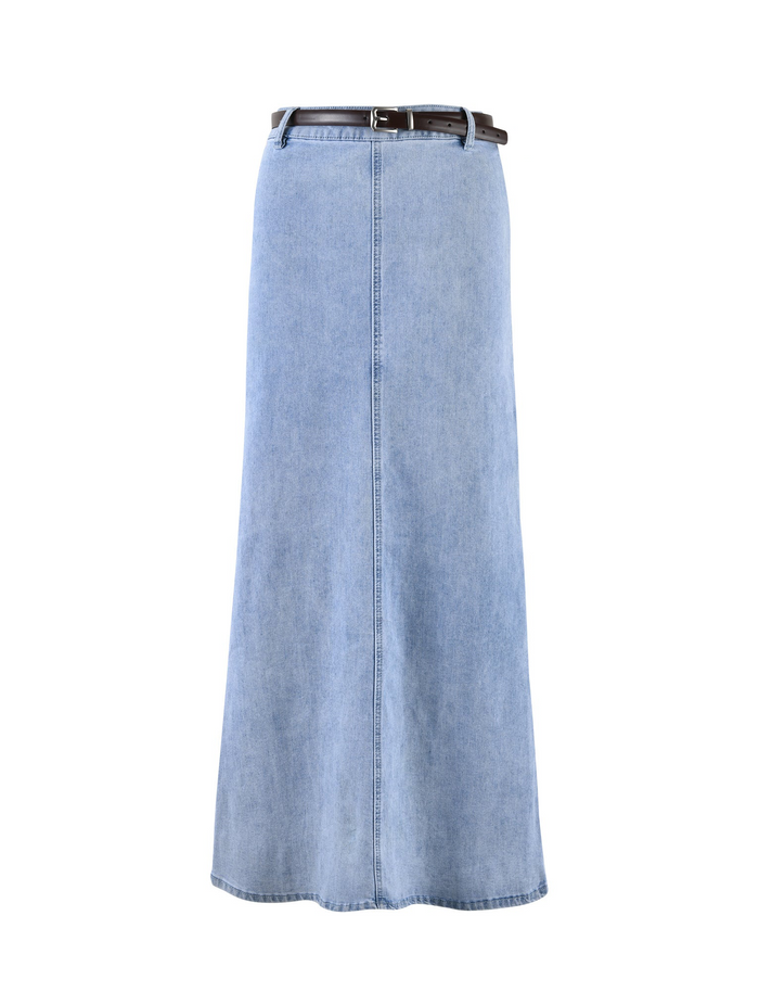 A light blue, ankle-length denim skirt from TIGERMIST called the FLETCHER SKIRT - BLUE : DENIM BLUE features a front center seam and comes with a black belt with a silver buckle at the waist.
