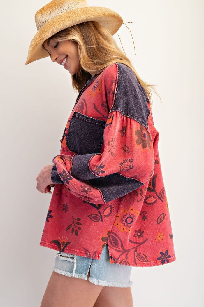 FLORAL PRINT WASHED TERRY HENLEY TOP
