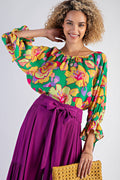 FLORAL PRINTED MIRABELLE SATIN BLOUSE