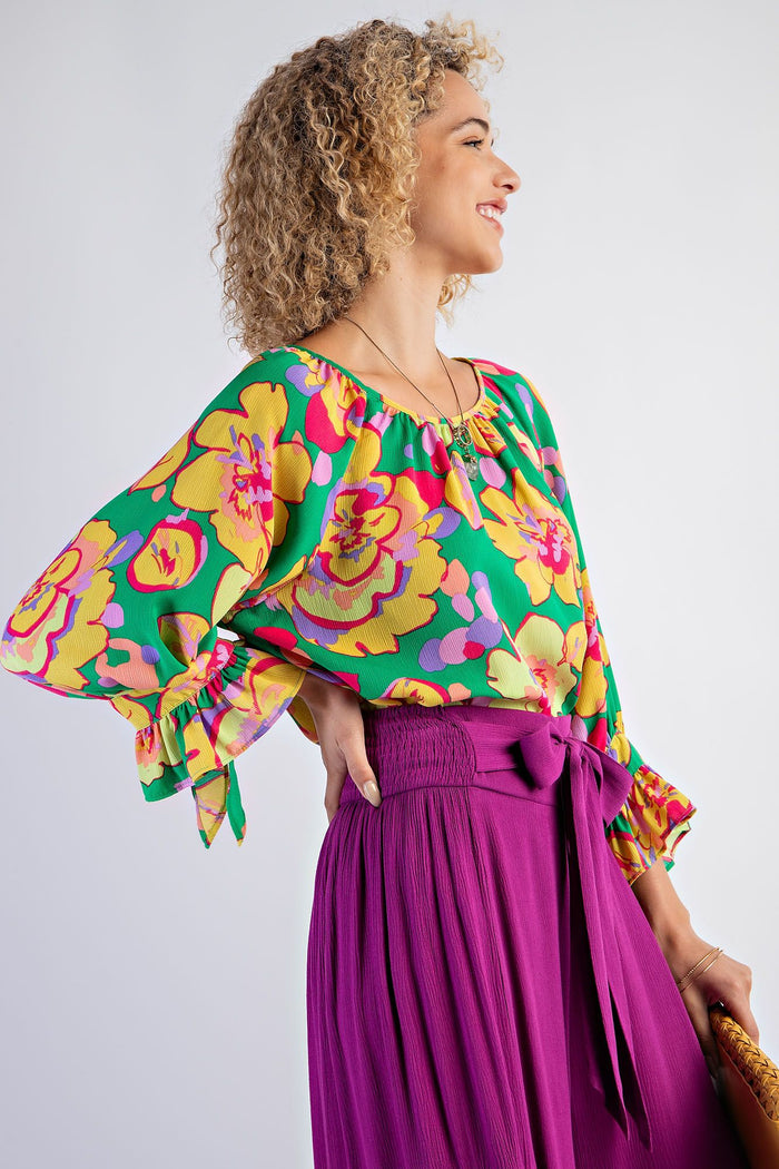 FLORAL PRINTED MIRABELLE SATIN BLOUSE