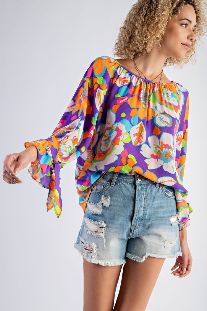FLORAL PRINTED MIRABELLE SATIN BLOUSE