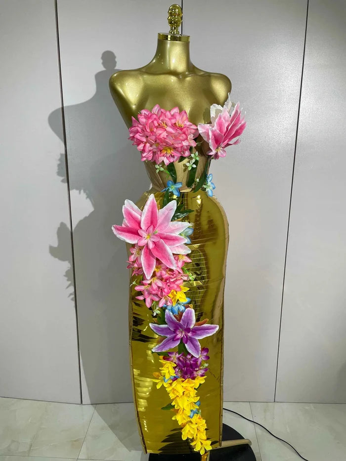 Women Elegant 3D Flower Golden Mesh Top Bodycon Long Dress Two-Piece Set Evening Party Luxury Birthday Club Bar Stage Costumes