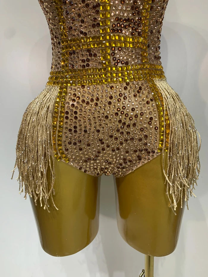 Frankie rhinestone fringe mesh bodysuit with bodycon fit. Luxury stage outfit for DJs, nightclub parties, performances, and glam events.
