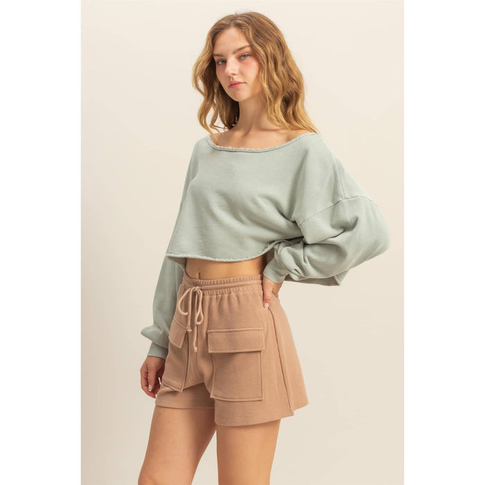 Frayed Detail Long Sleeve Crop Top