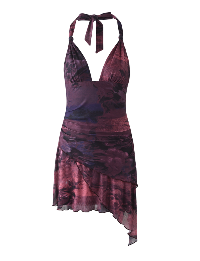 The FRIEDA DRESS - RED : BURGUNDY ROMANTIC by TIGERMIST is a sleeveless halter mini dress with a plunging neckline, ruched waist, asymmetrical hem, floral print in dark purple and maroon, and a back neck tie for an elegant finish.