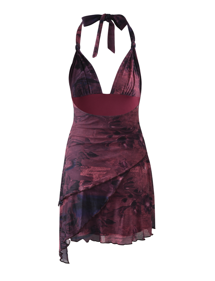 The FRIEDA DRESS - RED : BURGUNDY ROMANTIC by TIGERMIST is a halter neck mini dress with a plunging neckline, floral pattern, asymmetrical layered skirt, neck ties, and a fitted waist for a chic silhouette.