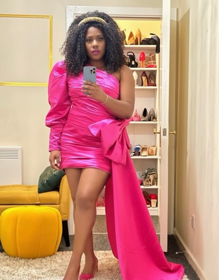 Fuchsia one-shoulder ruched mini dress with dramatic detachable train and fitted silhouette