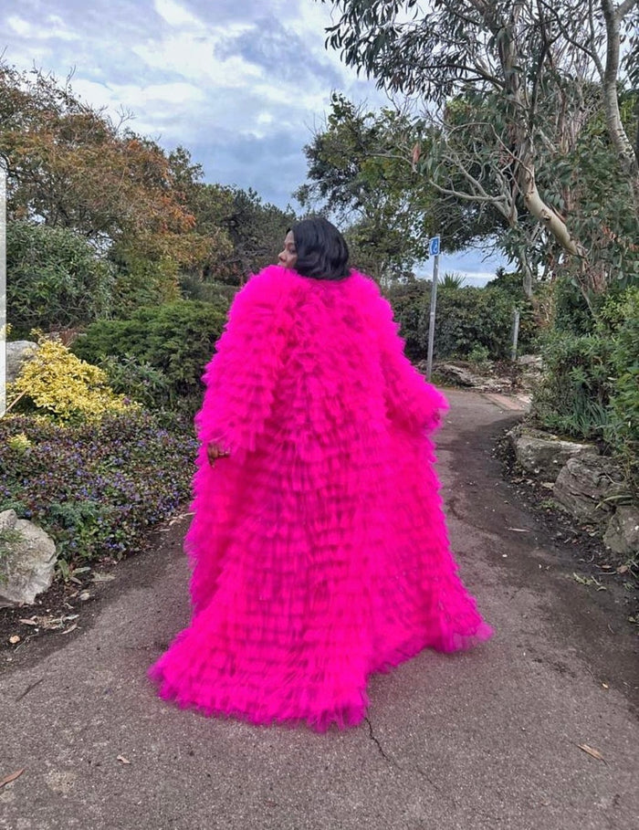 Fuschia asymmetric ruffled layered tulle couture coat with train