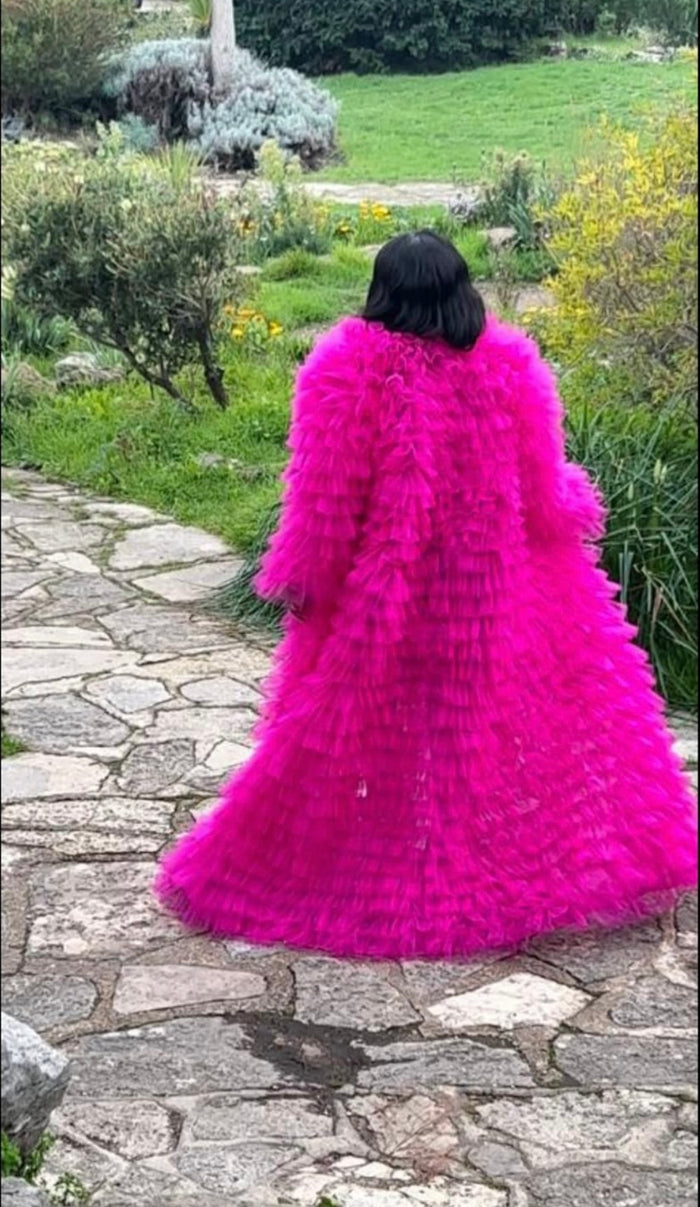 Bright pink asymmetric ruffled tiered tulle statement coat with train