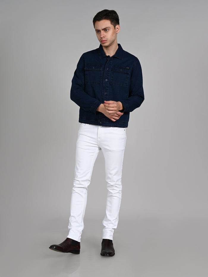 Full Sleeves Loose Fit Navy Indigo Dark Wash Double Pocket Ripstop Shacket.